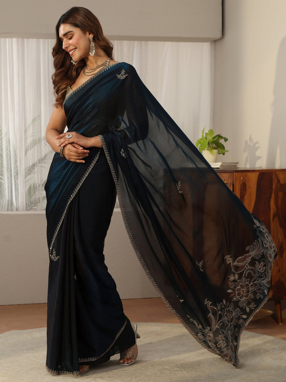 Mameraa Teal Blue Floral Embellished Tissue Saree