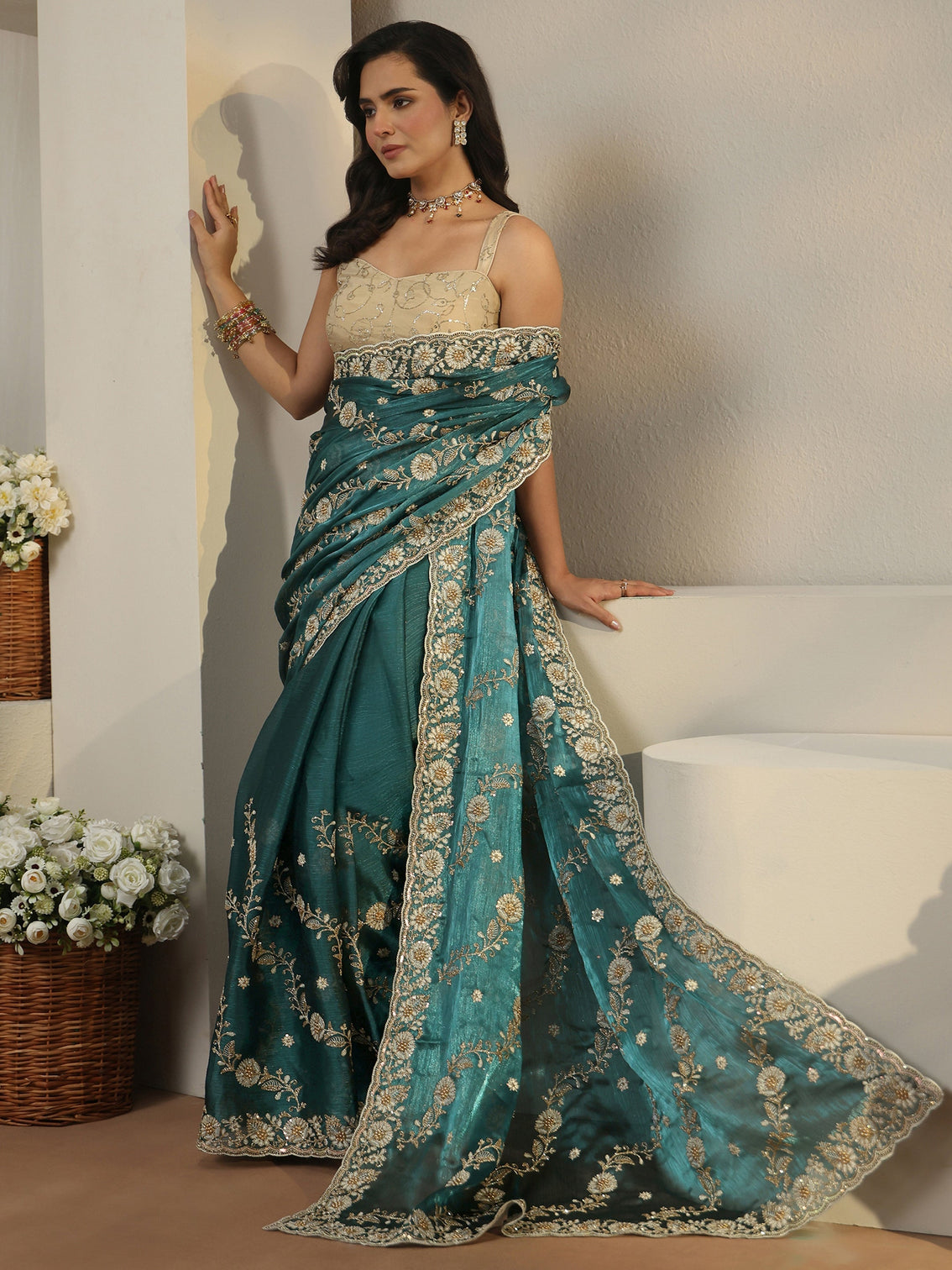 Mameraa Teal Blue Floral Embroidered Tissue Saree