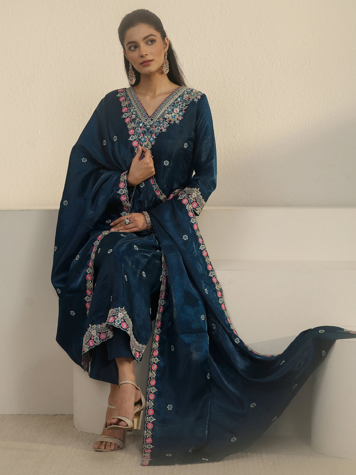 Mameraa Teal Blue Floral Embroidered Tissue Straight Suit Set