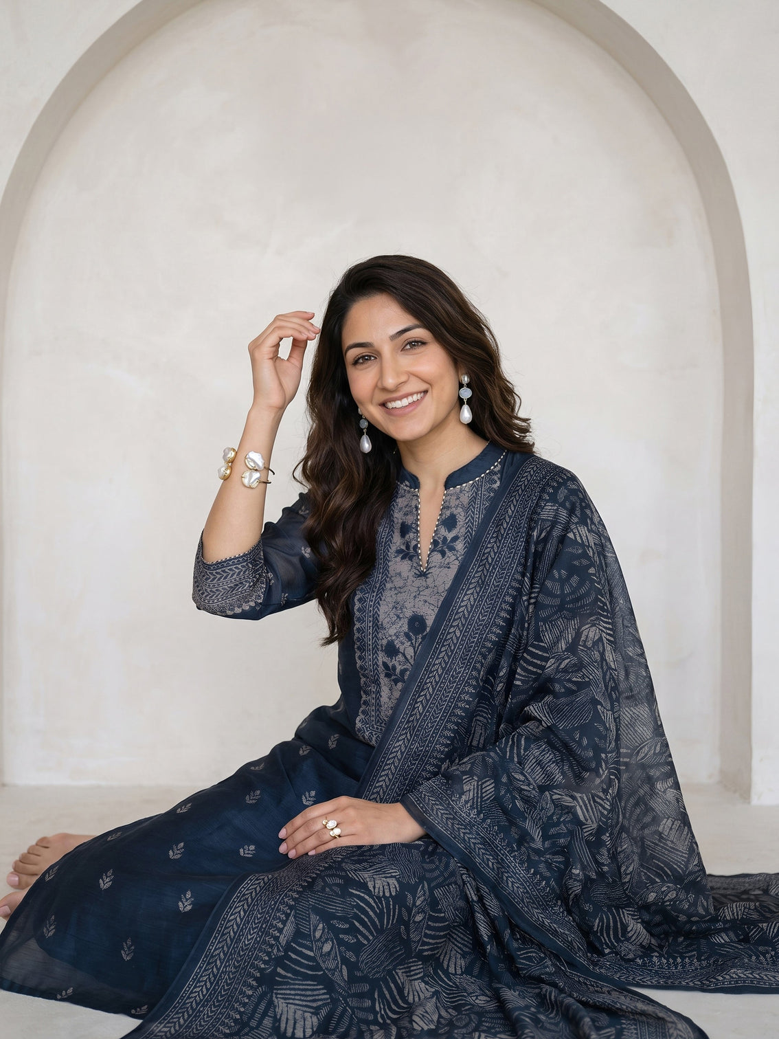 Mameraa Teal Blue Floral Printed Chanderi Silk Straight Suit Set
