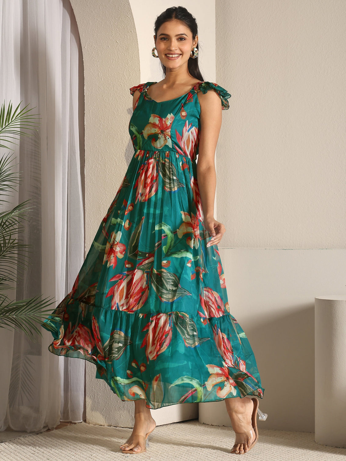 Mameraa Teal Blue Floral Printed Chiffon Fit And Flare Dress