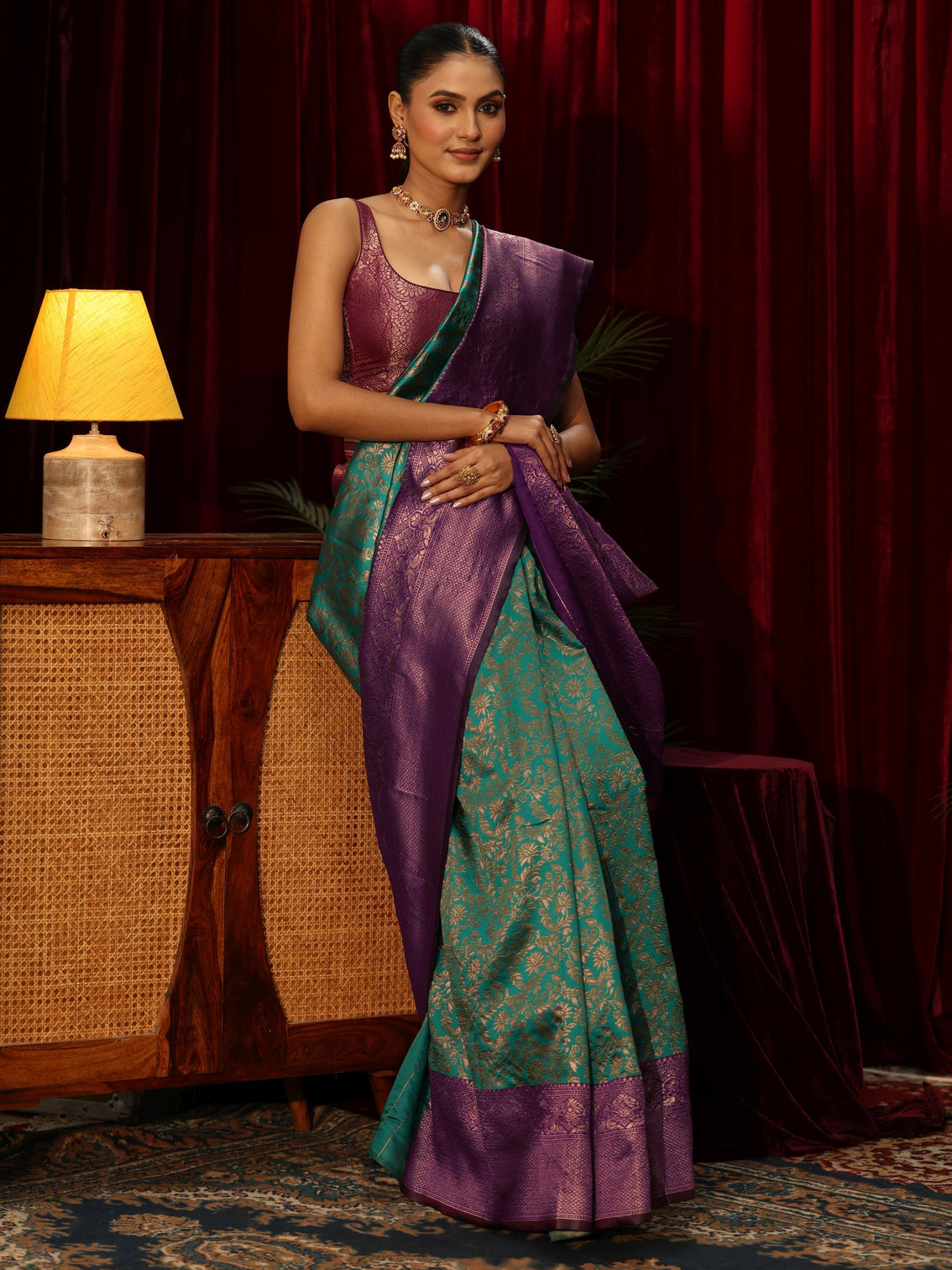 Mameraa Teal Blue Floral Woven Design Silk Blend Saree