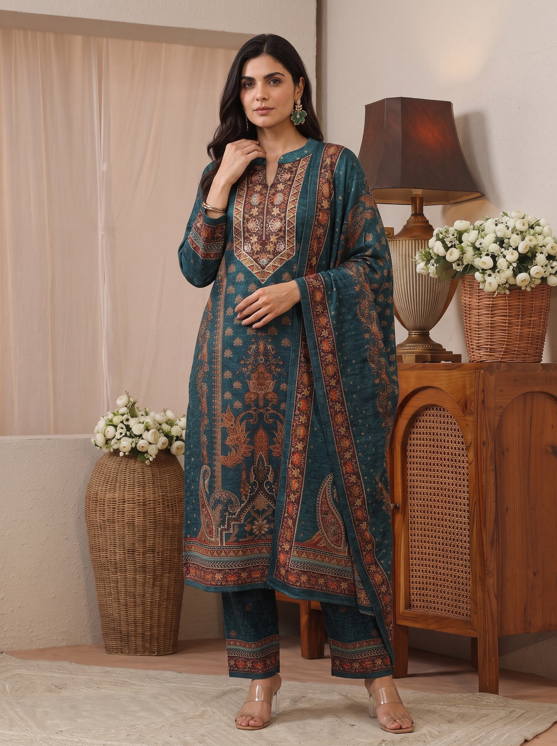 Mameraa Teal Blue Multi Printed Wool Straight Suit Set