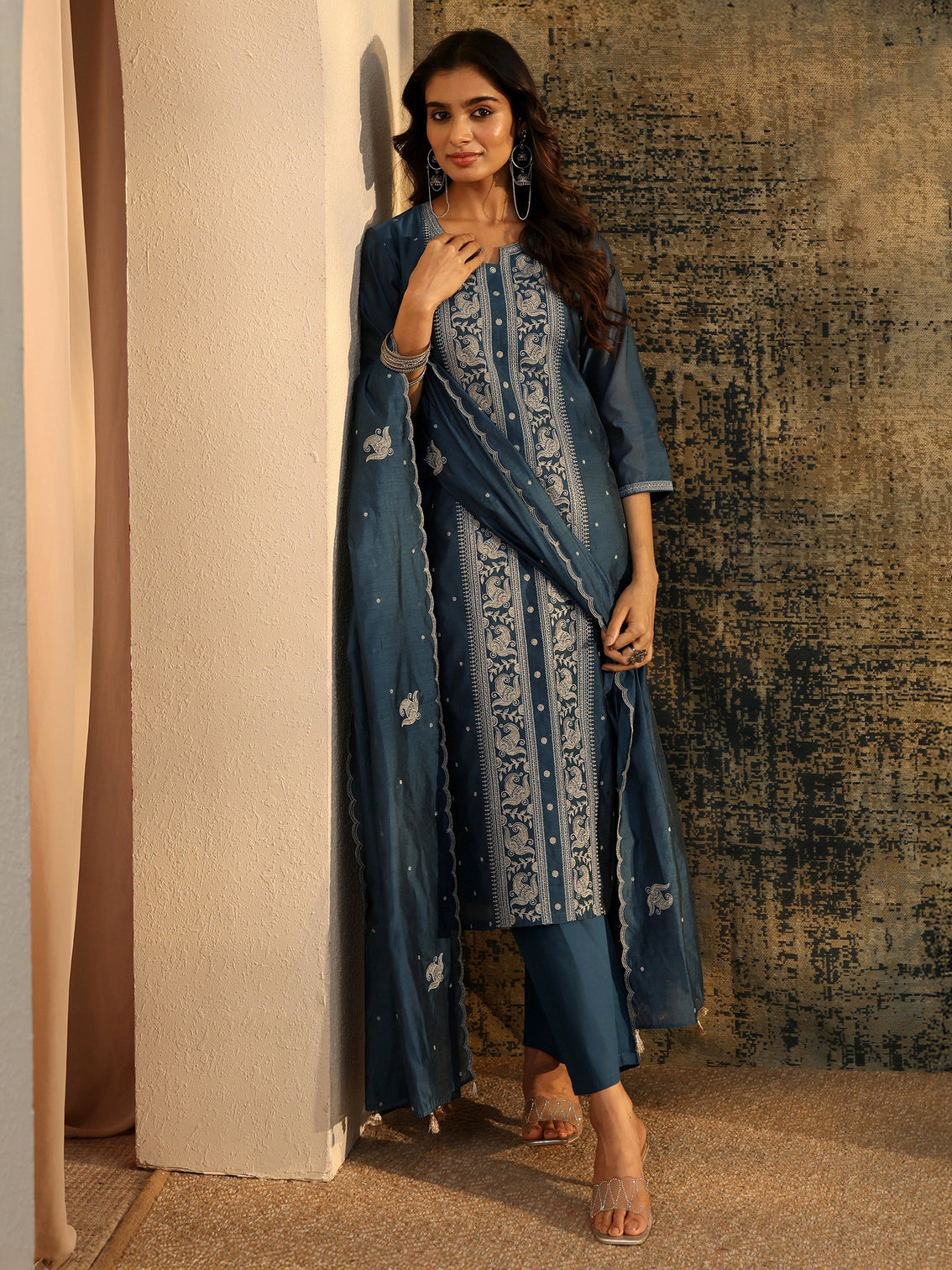 Mameraa Teal Blue Paisley Embroidered Chanderi Silk Straight Suit Set