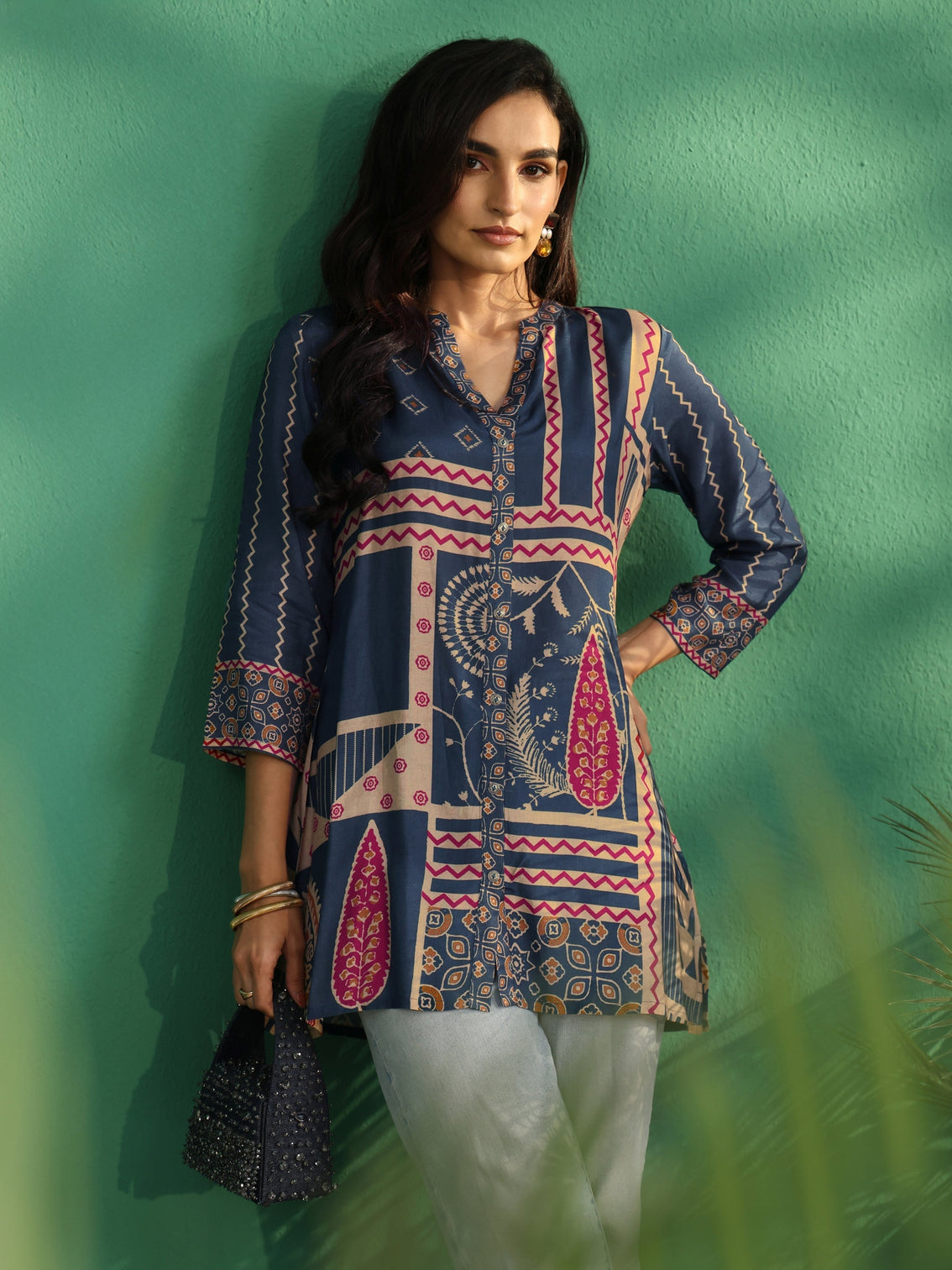 Mameraa Teal Blue Printed Muslin Short Kurti