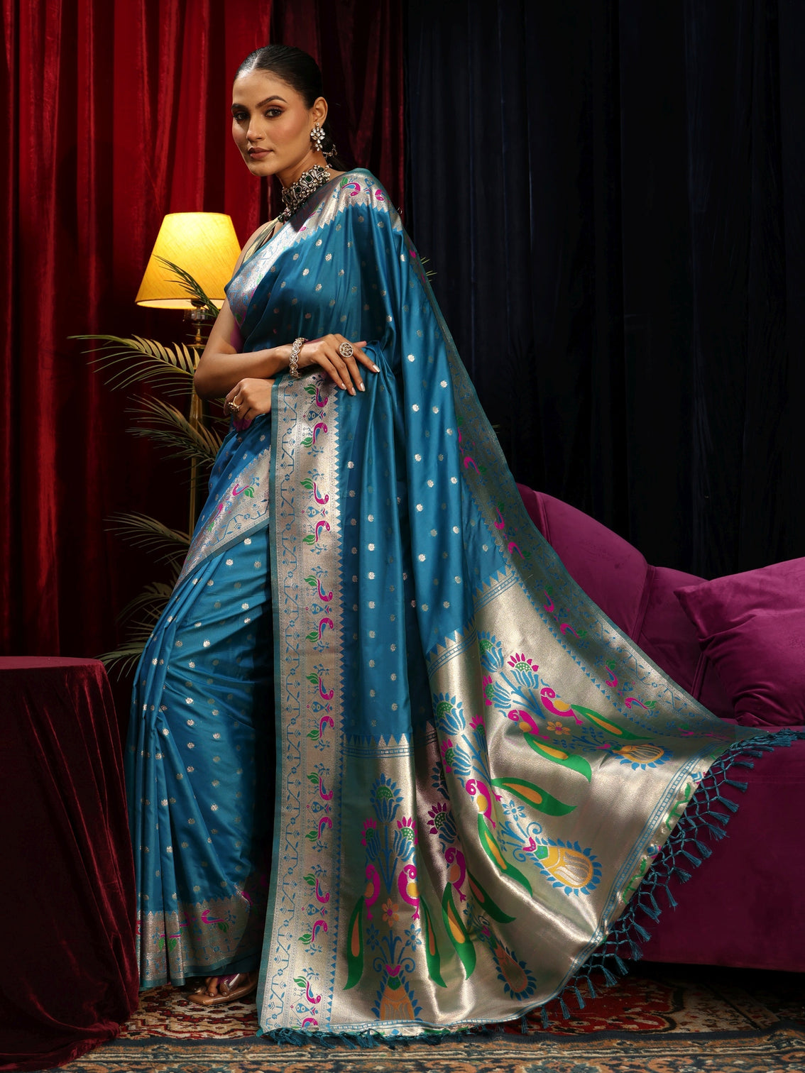 Mameraa Teal Blue Silk Blend Paithani Tassel Saree