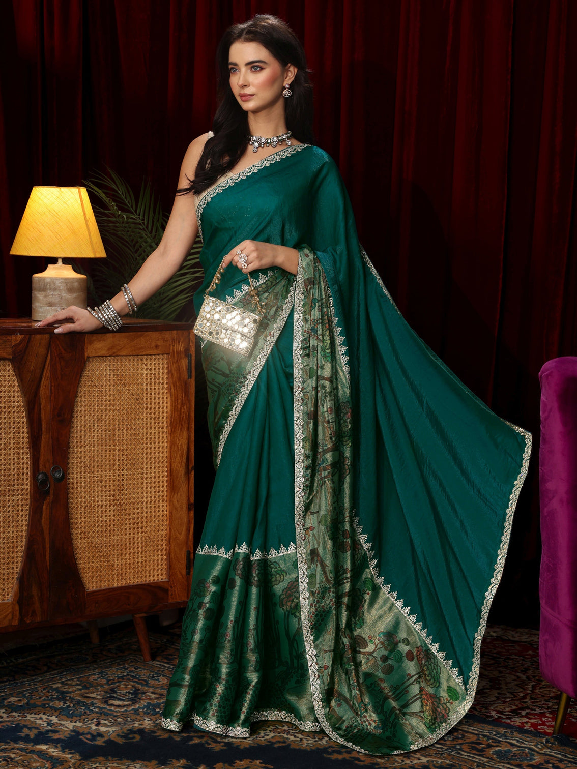 Mameraa Teal Blue Stone Work Embellished Tissue Saree