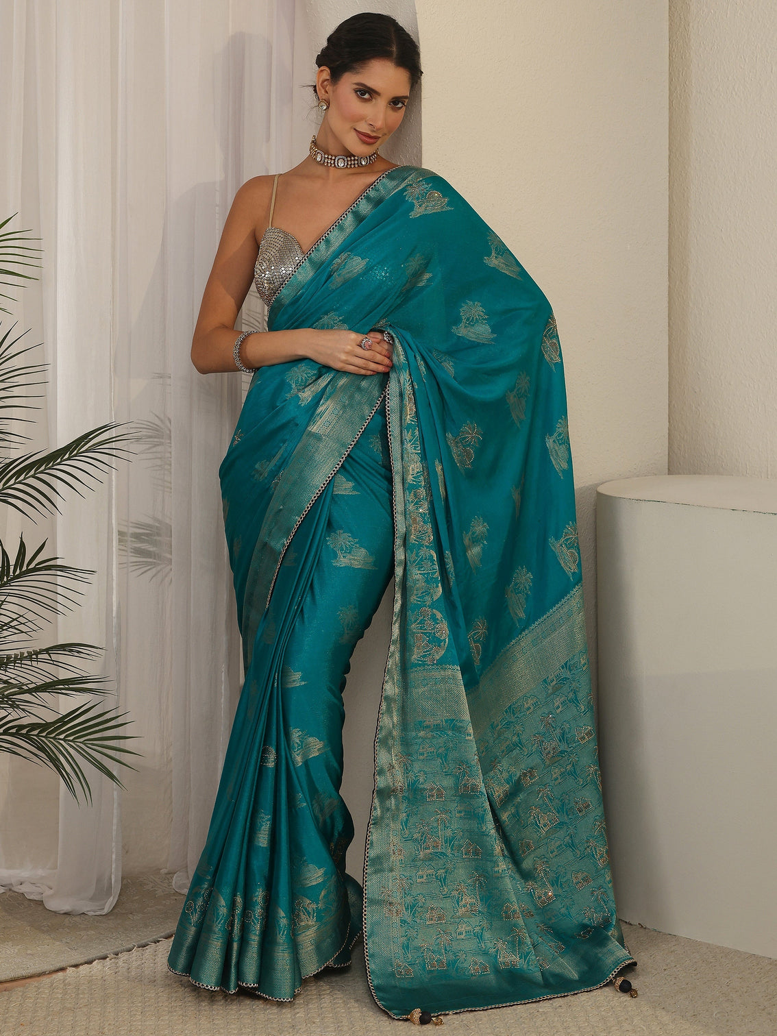 Mameraa Teal Blue Woven Design Chiffon Saree