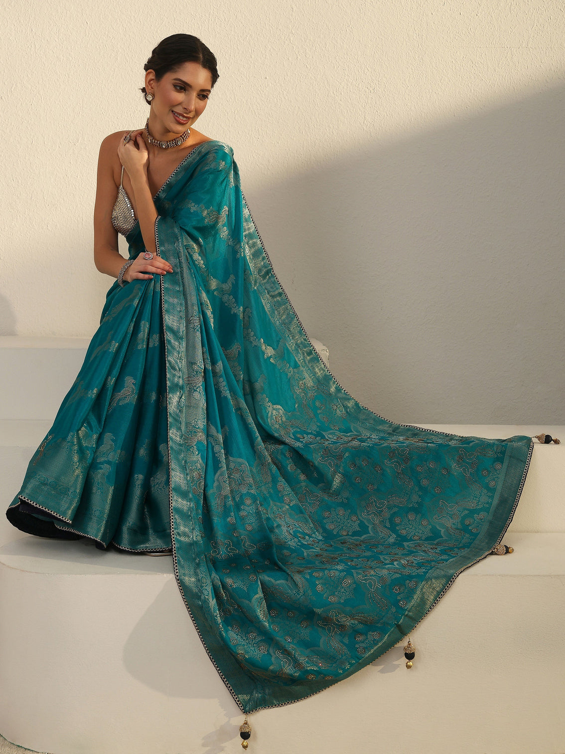 Mameraa Teal Blue Woven Design Chiffon Saree