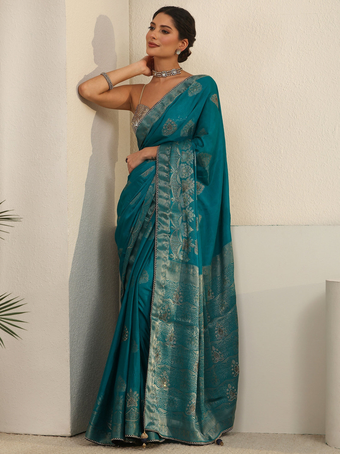 Mameraa Teal Blue Woven Design Chiffon Saree