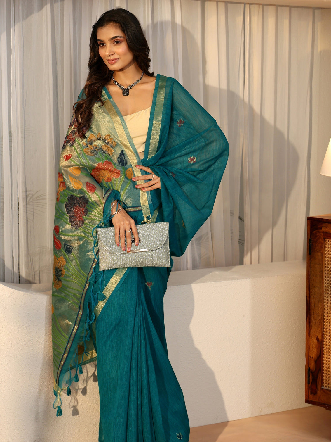 Mameraa Teal Blue Woven Design Floral Pallu Silk Blend Saree