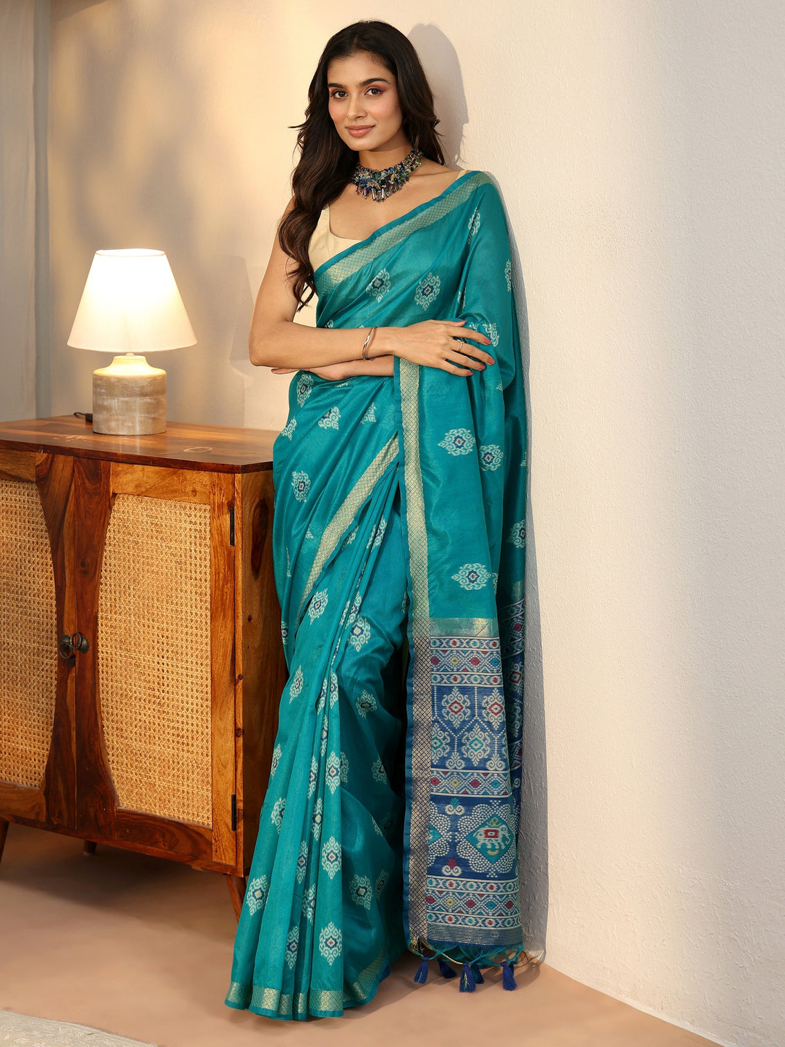 Mameraa Teal Blue Woven Design Silk Blend Saree