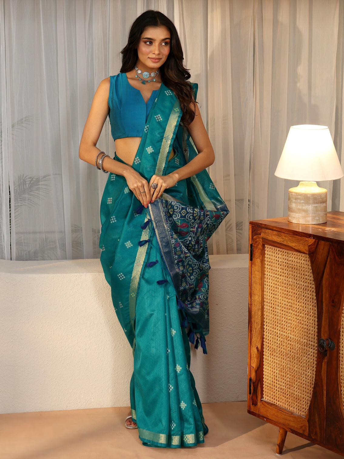 Mameraa Teal Blue Woven Design Silk Blend Saree