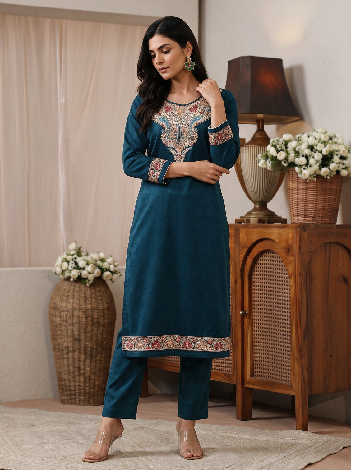 Mameraa Teal Floral yoke Embroidered Straight Kurta