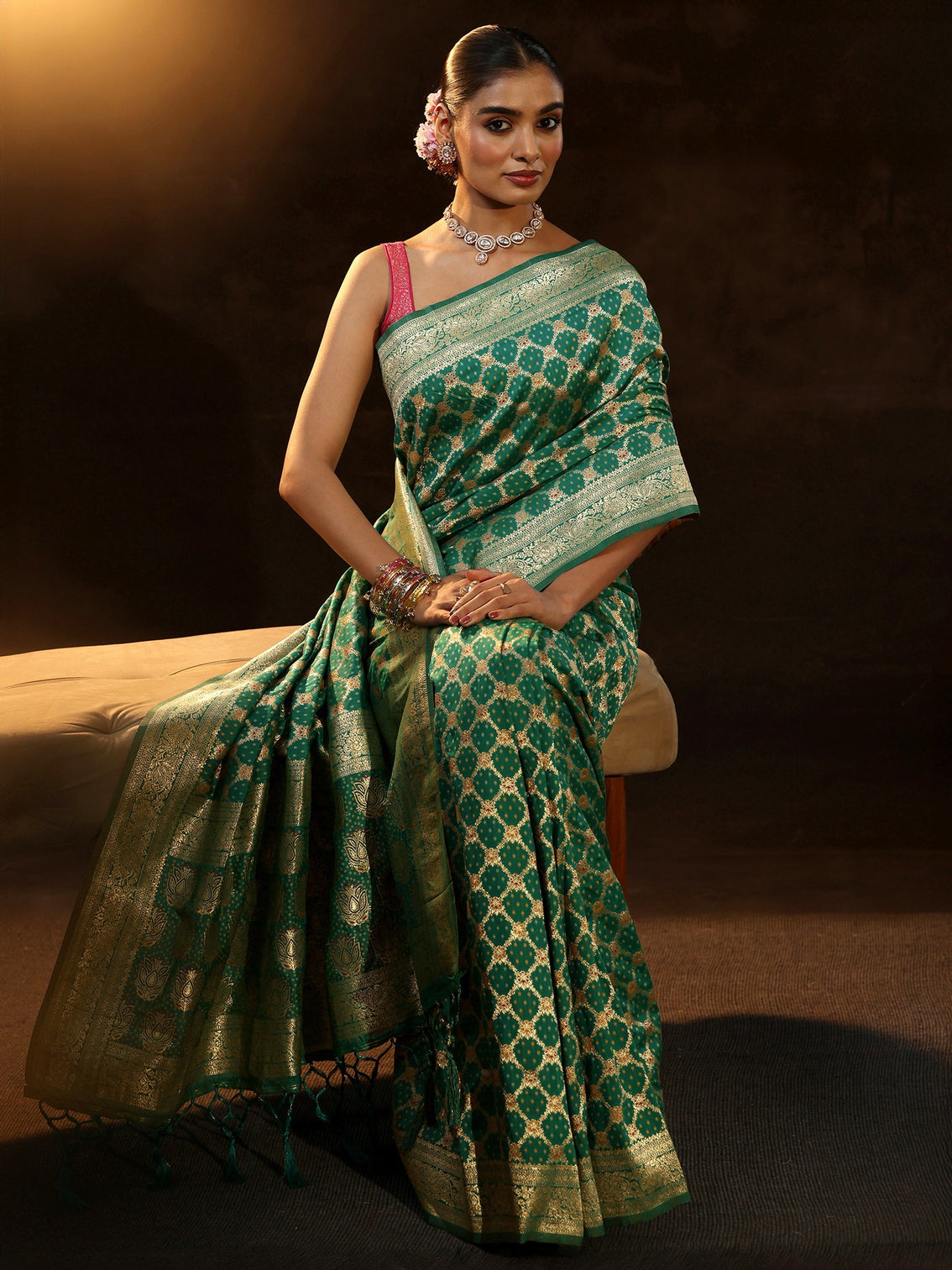 Mameraa Teal Green Banarasi Silk Blend Saree