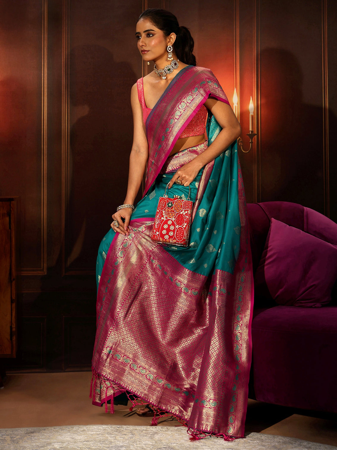 Mameraa Teal Green Banarasi Silk Blend Saree