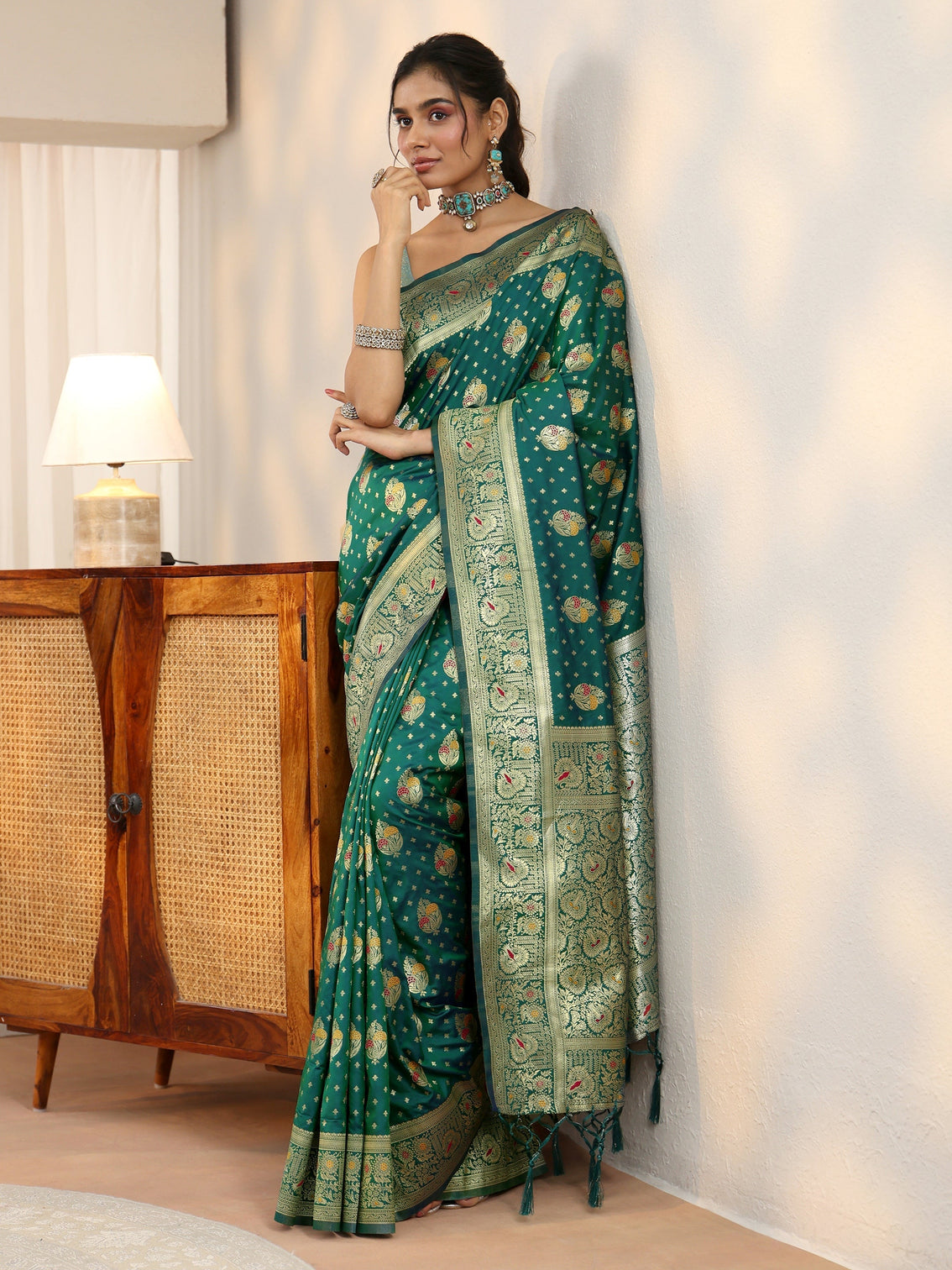 Mameraa Teal Green Banarasi Silk Blend Saree