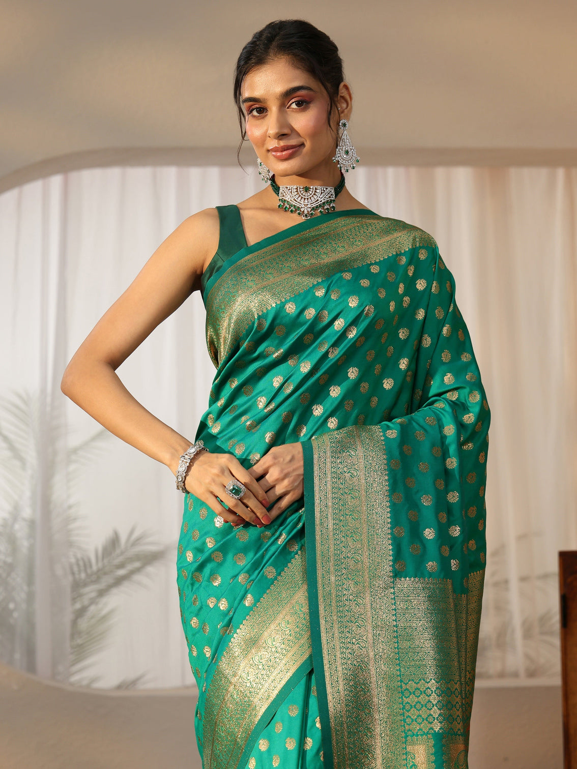 Mameraa Teal Green Banarasi Silk Blend Saree