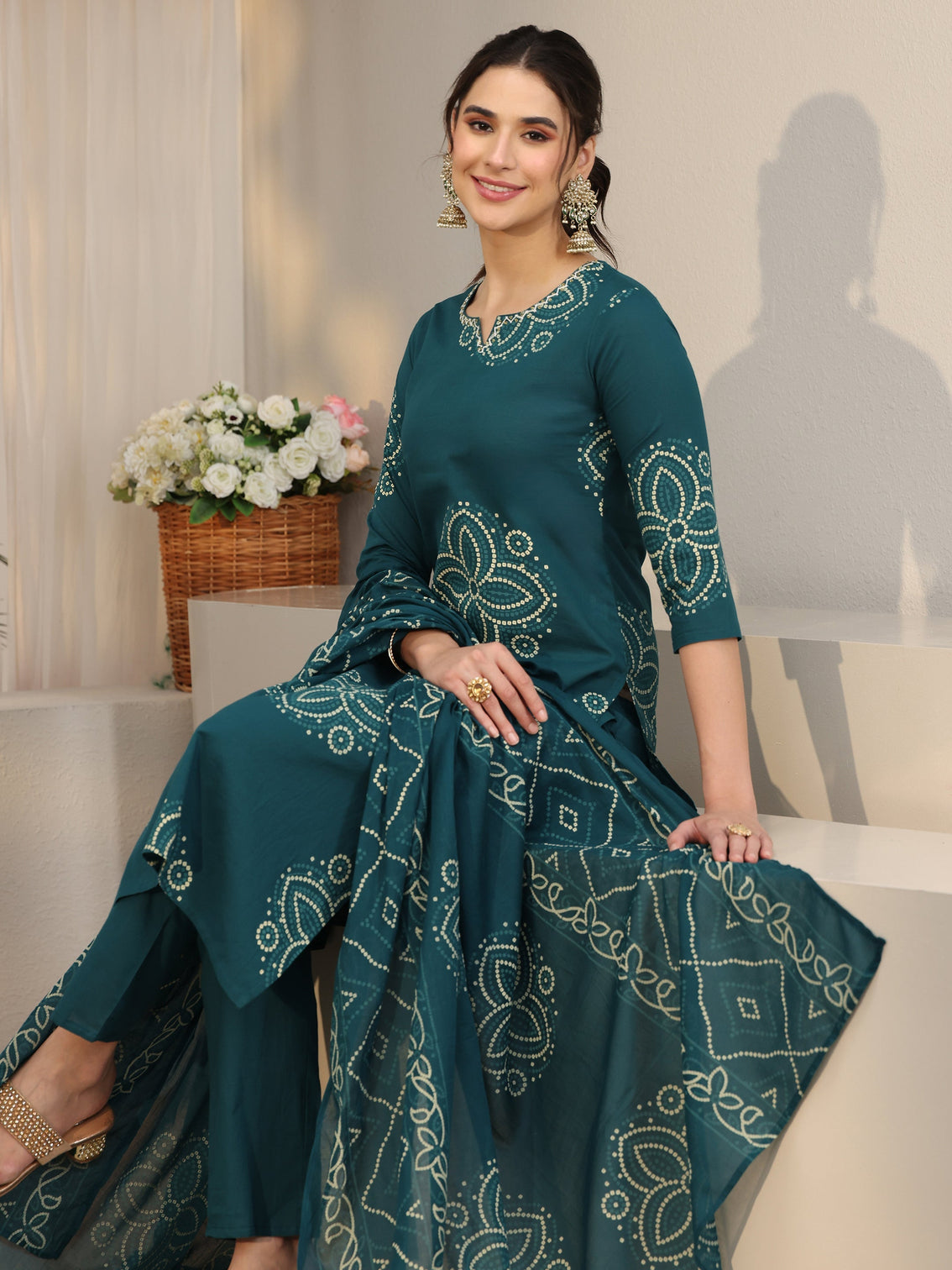 Mameraa Teal Green Bandhani Printed Cotton Straight Suit Set
