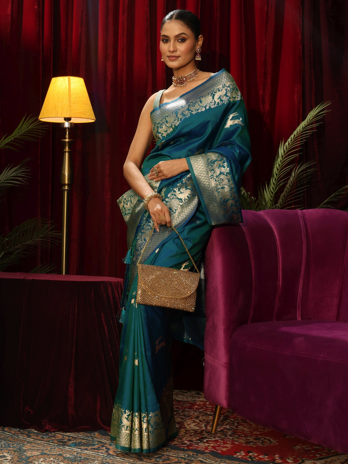 Mameraa Teal Green Deer Motif Kanjeevaram Silk Blend Saree