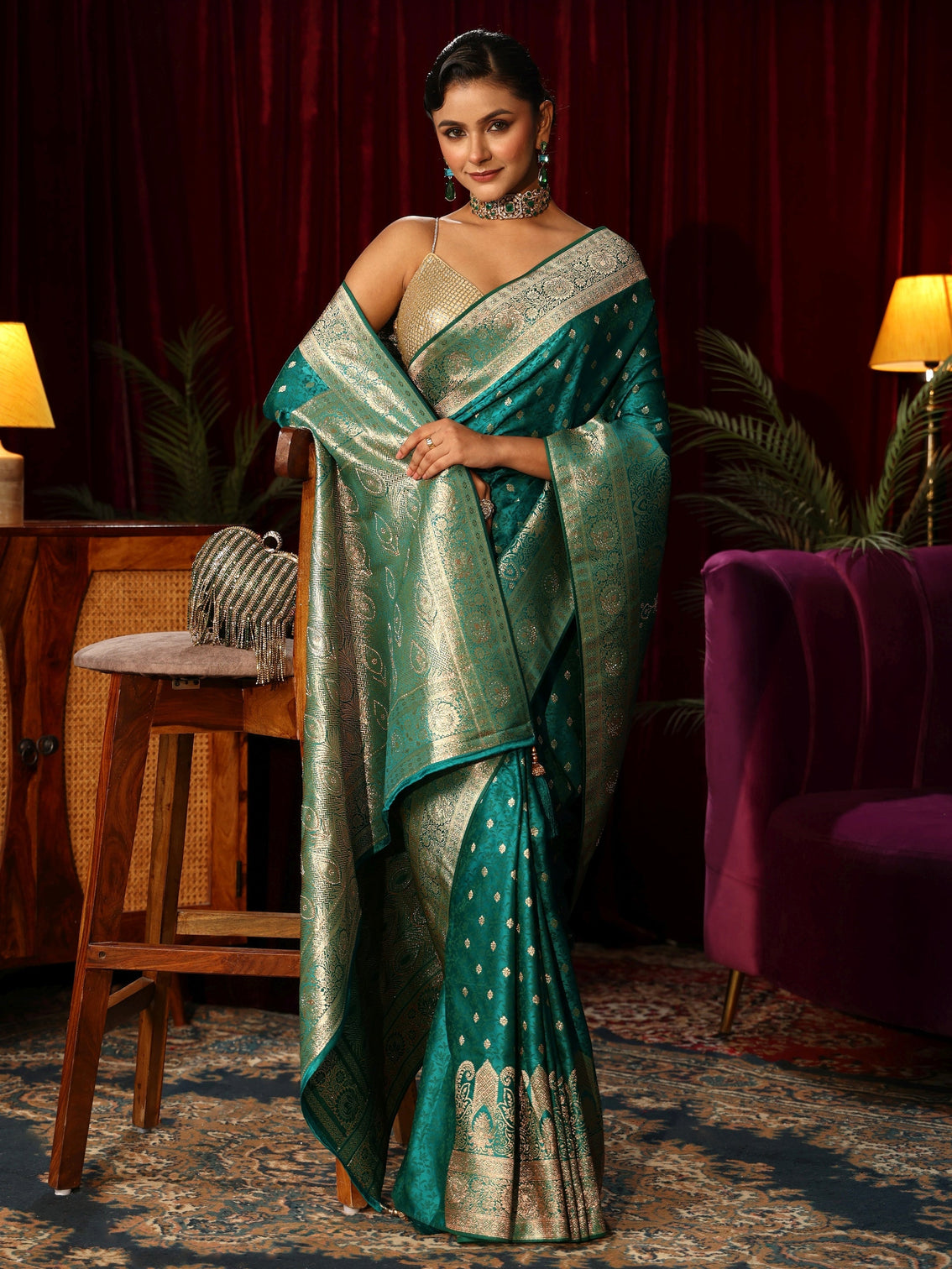 Mameraa Teal Green Embellished Satin Banarasi Saree