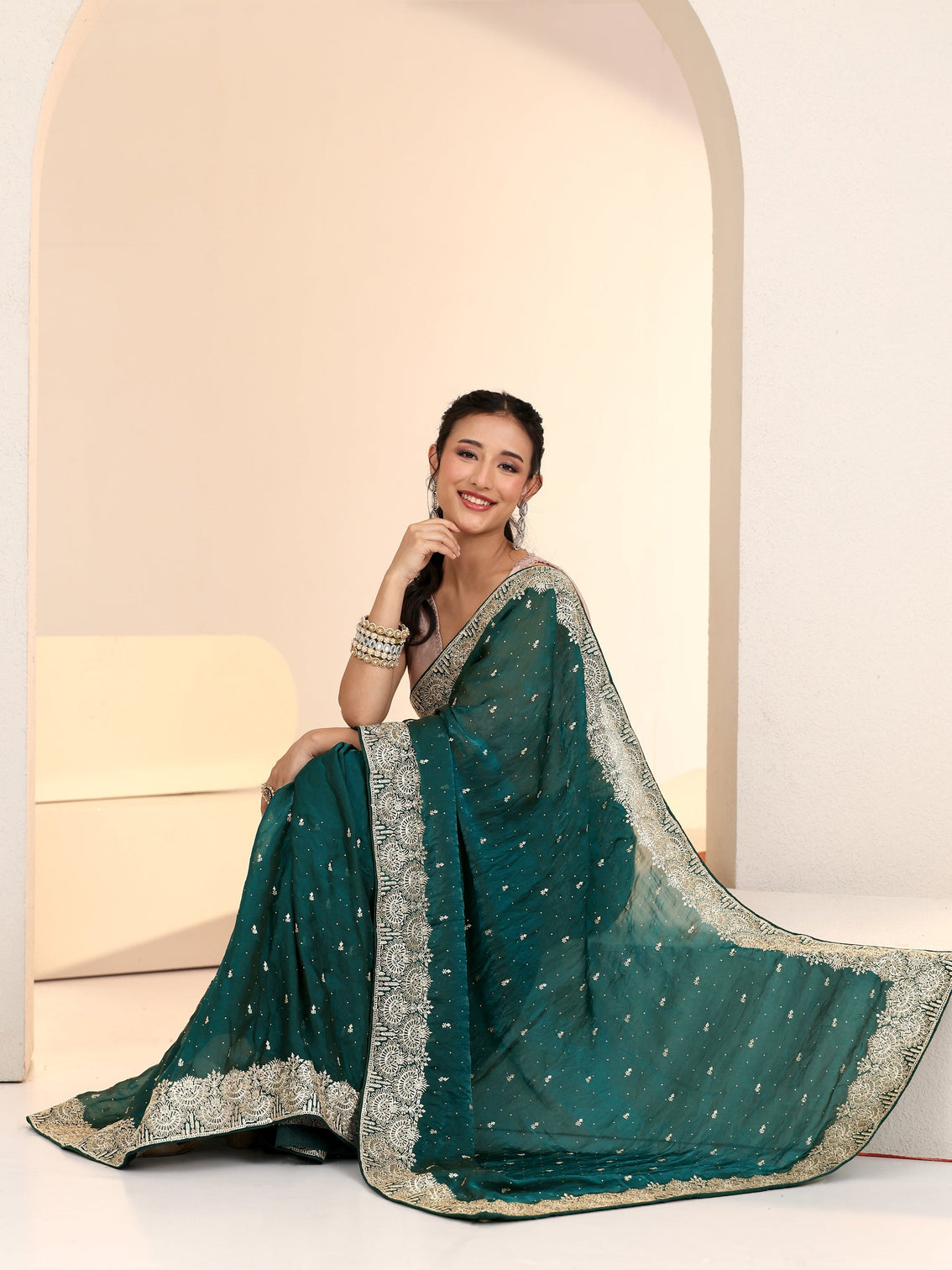 Mameraa Teal Green Embellished Tissue Saree