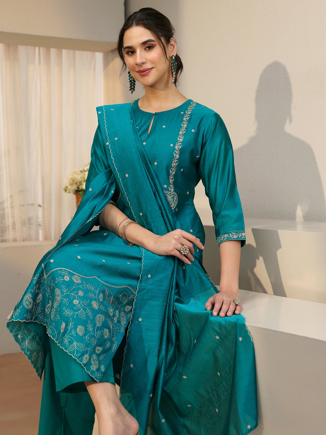 Mameraa Teal Green Embroidered Chanderi Silk Straight Suit Set