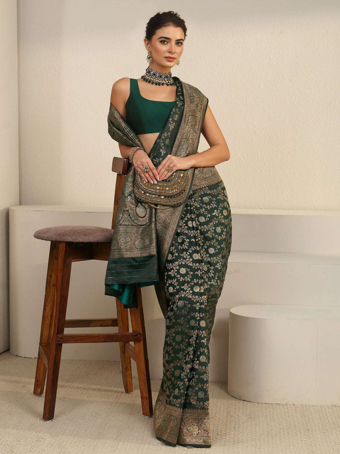 Mameraa Teal Green Floral Banarasi Silk Blend Saree
