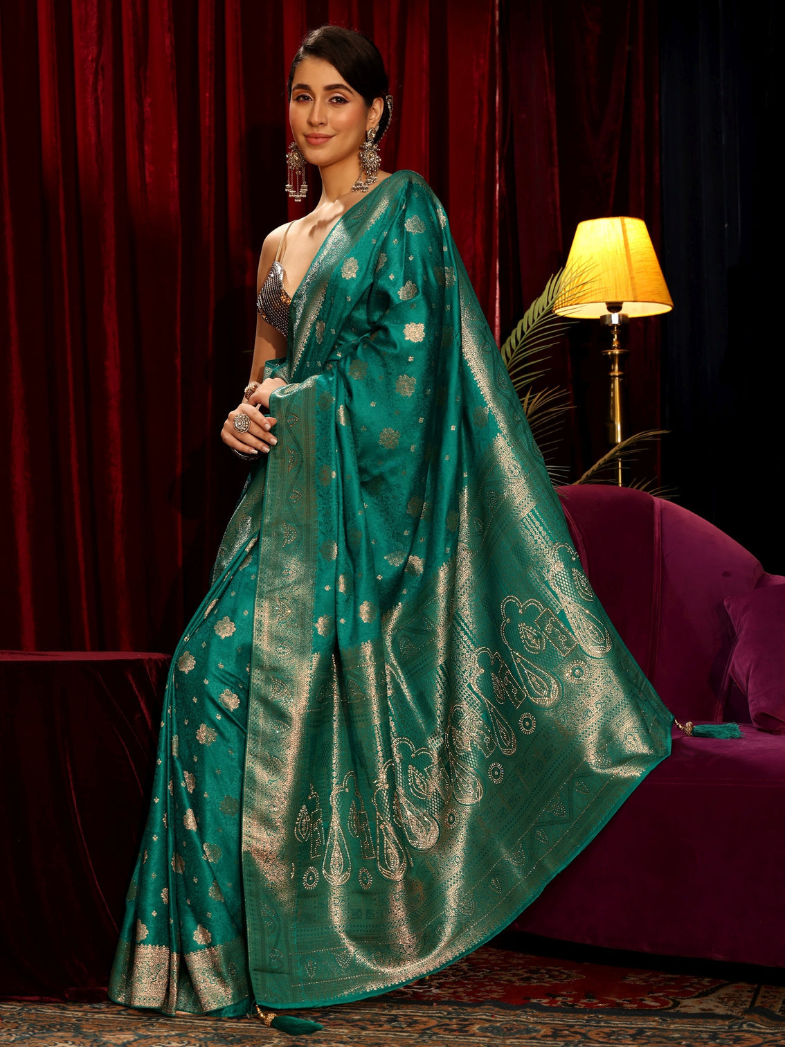 Mameraa Teal Green Floral Woven Design Embellished Silk Blend Saree
