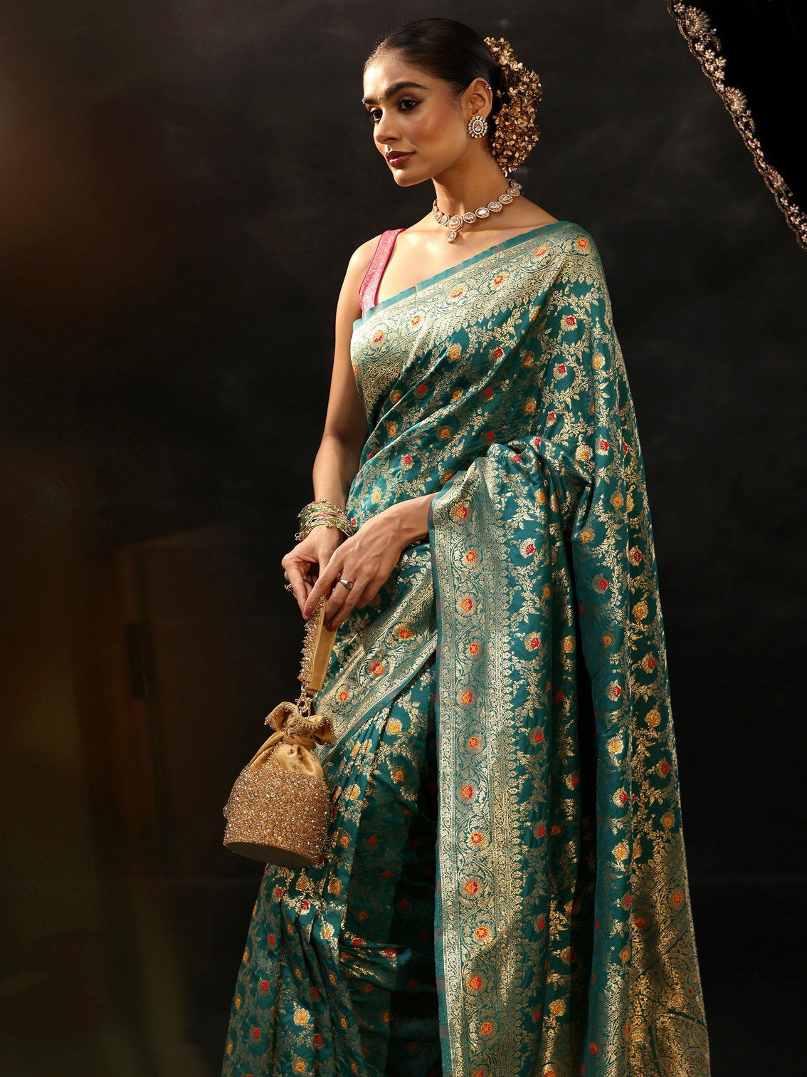 Mameraa Teal Green Meenakari Banarasi Silk Blend Saree