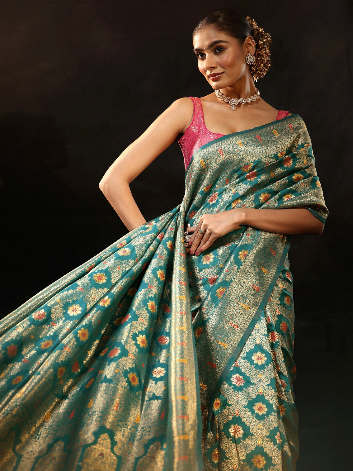 Mameraa Teal Green Meenakari Banarasi Silk Blend Saree