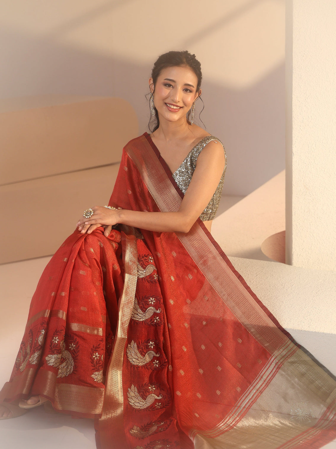 Mameraa Terracotta Red Peacock Motif Chanderi Silk Saree