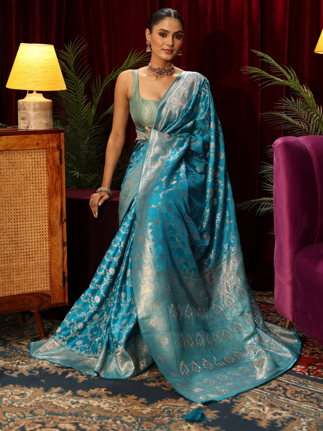 Mameraa Turquoise Blue Banarasi Silk Blend Saree