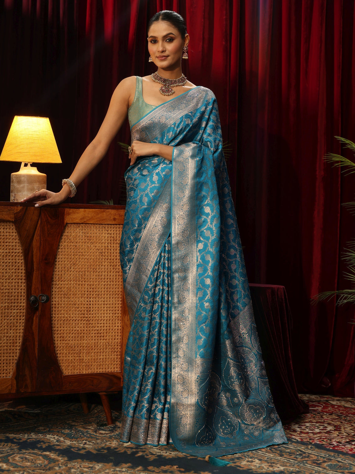 Mameraa Turquoise Blue Banarasi Silk Blend Saree