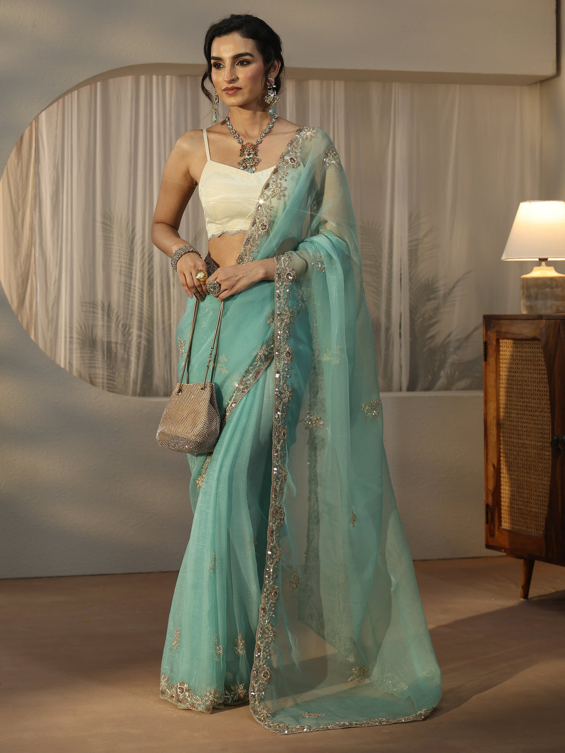 Mameraa Turquoise Blue Floral Embellished Tissue Saree