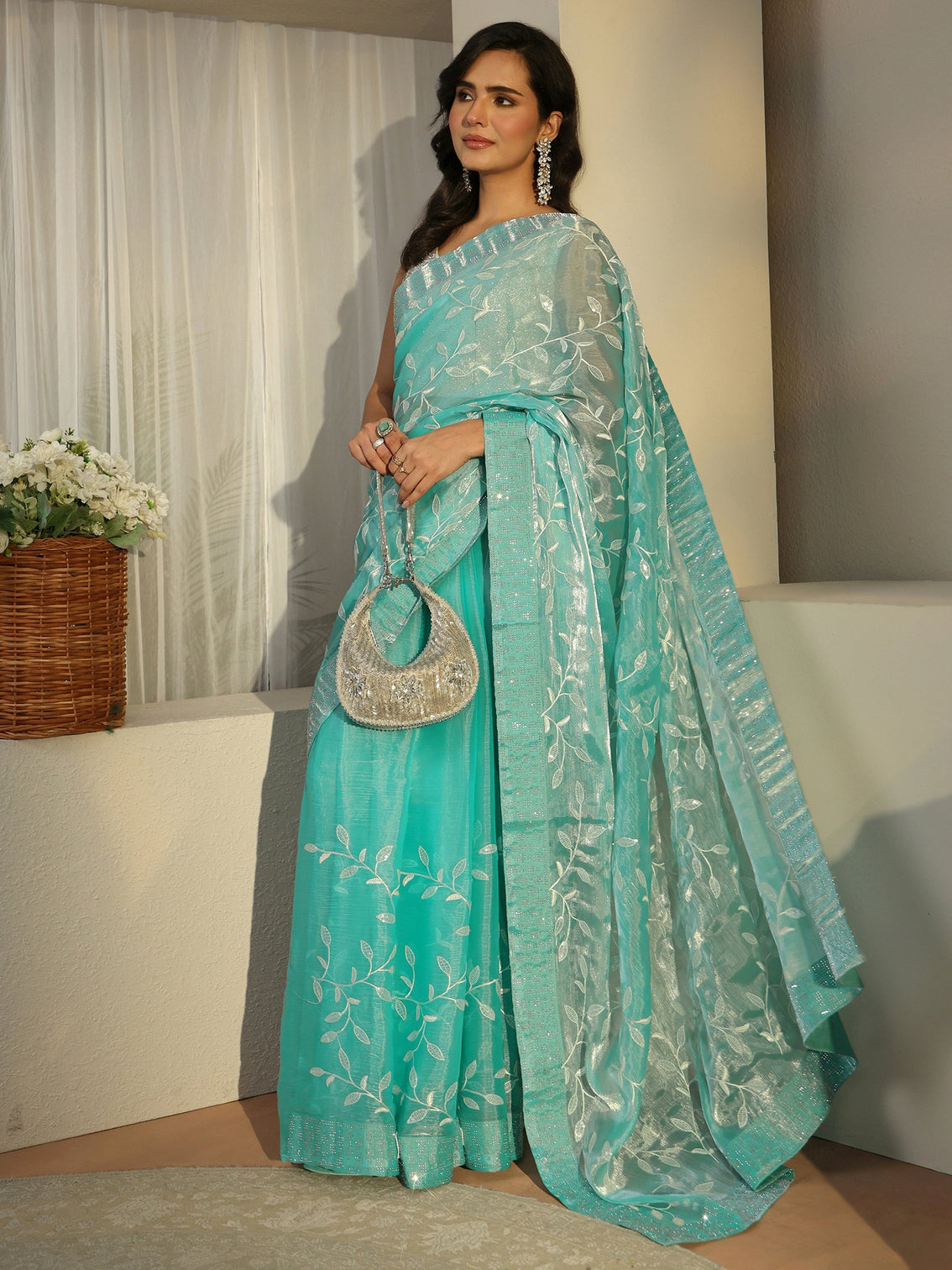 Mameraa Turquoise Blue Floral Embellished Tissue Saree