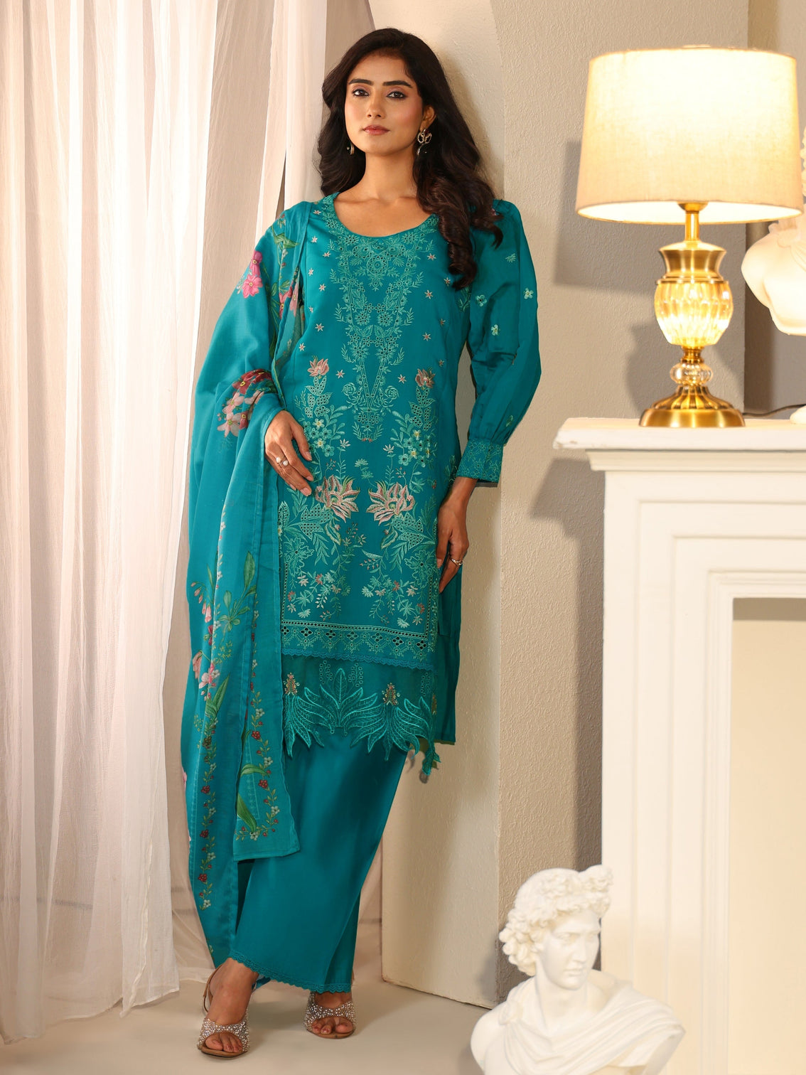 Mameraa Turquoise Blue Floral Embroidered Chanderi Cotton Straight Suit Set