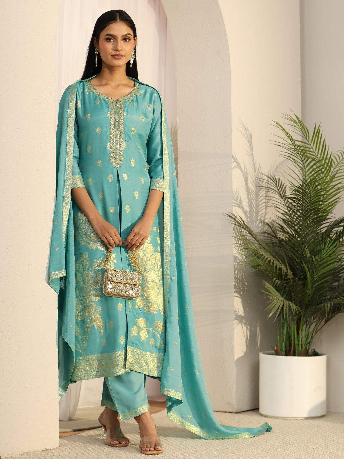 Mameraa Turquoise Blue Floral Embroidered Silk Blend Straight Suit Set