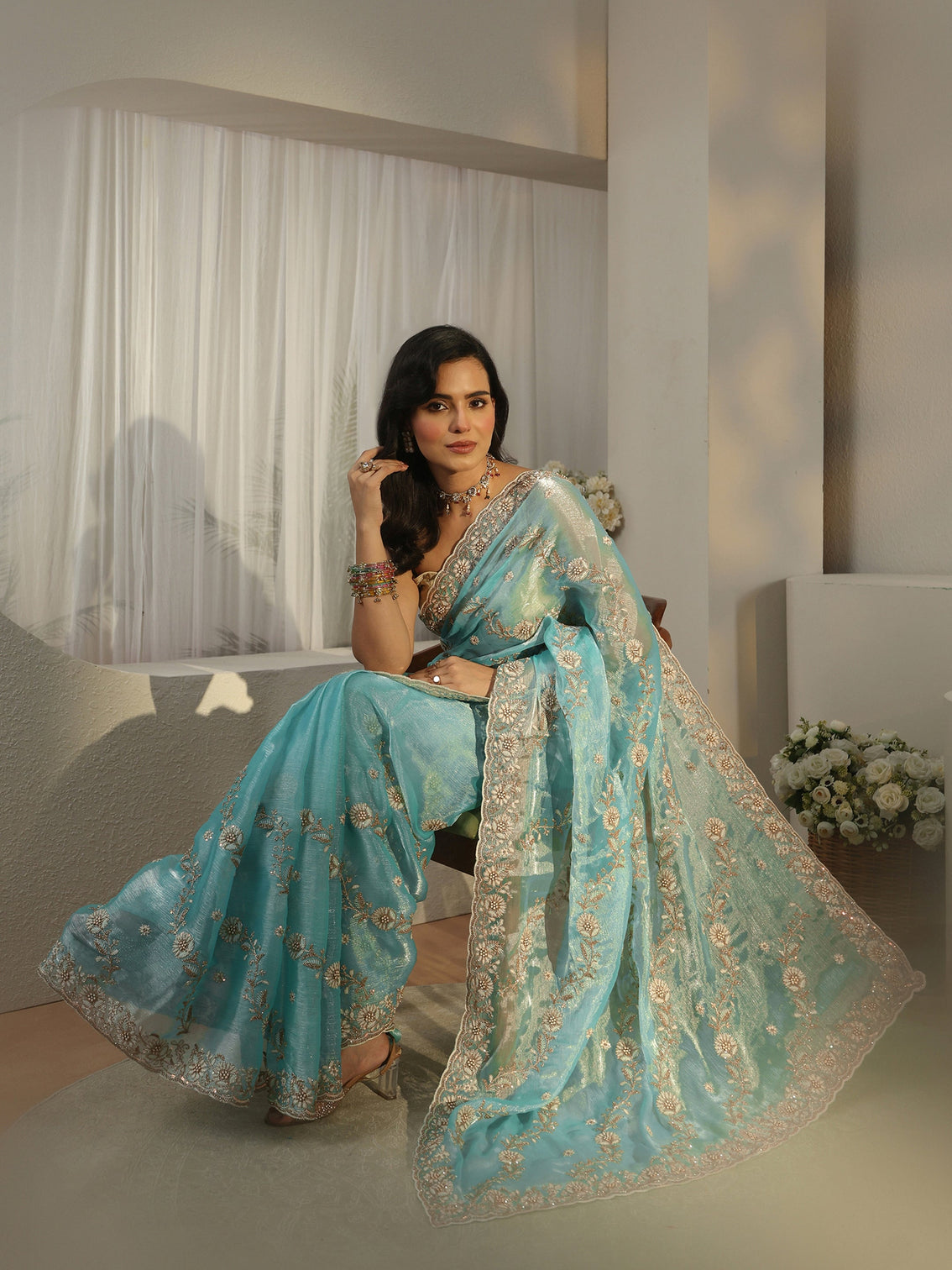 Mameraa Turquoise Blue Floral Embroidered Tissue Saree