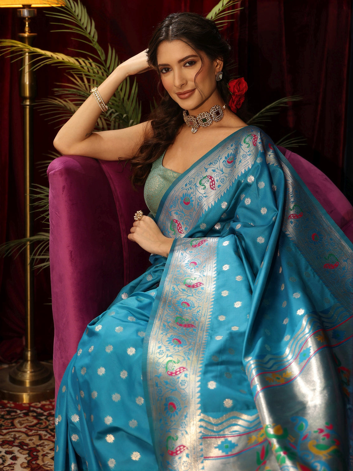 Mameraa Turquoise Blue Silk Blend Paithani Tassel Saree