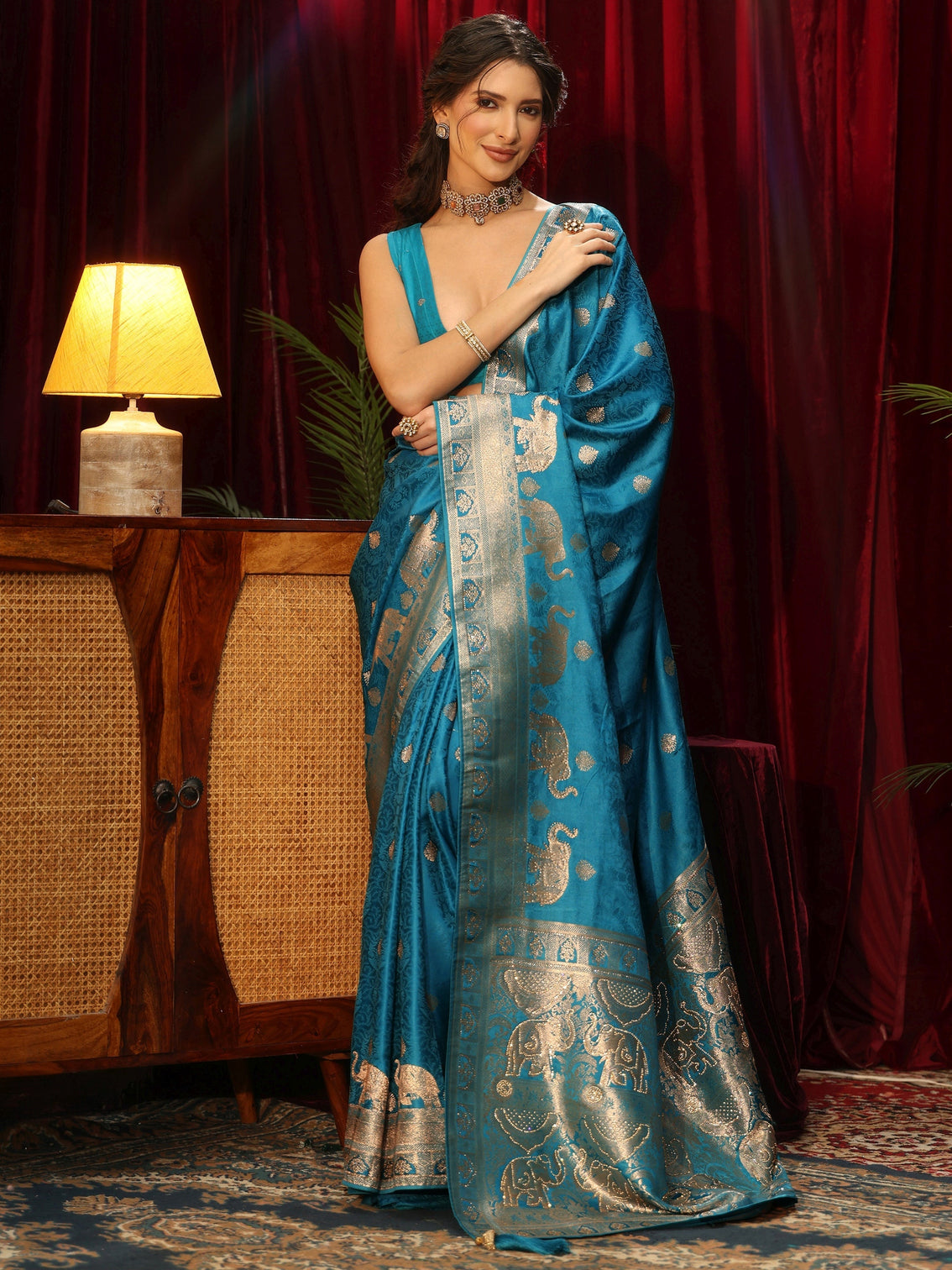 Mameraa Turquoise Blue Woven Design Satin Saree