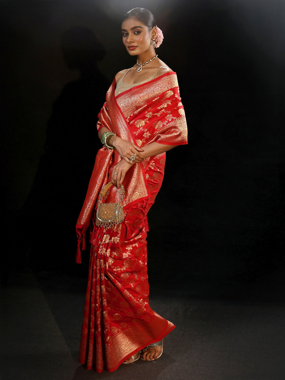 Mameraa Vermilion Red Banarasi Silk Blend Saree