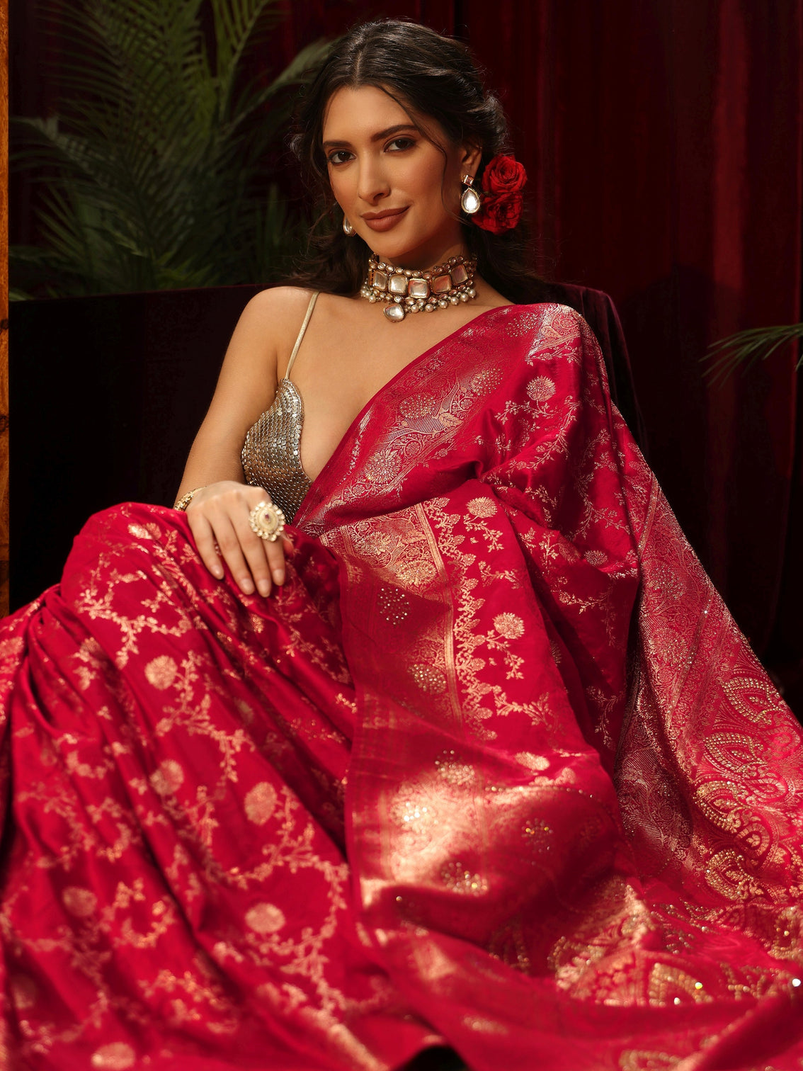 Mameraa Vermilion Red Banarasi Silk Blend Saree