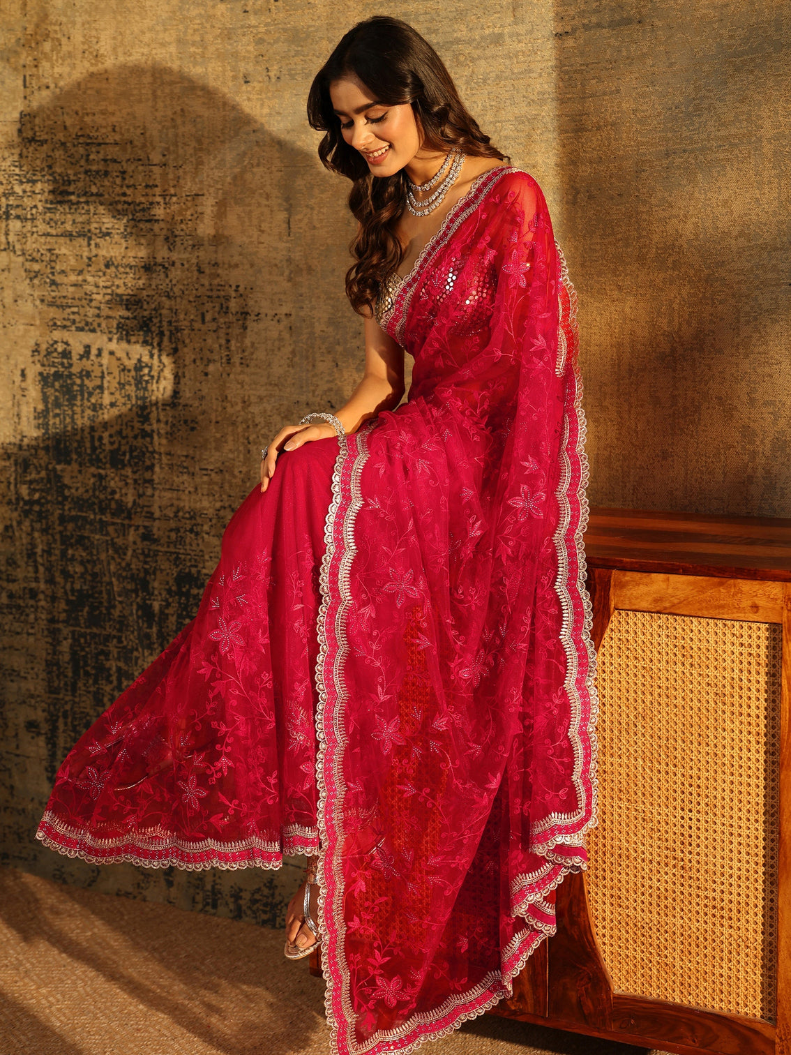 Mameraa Vermilion Red Floral Embroidered Net Saree