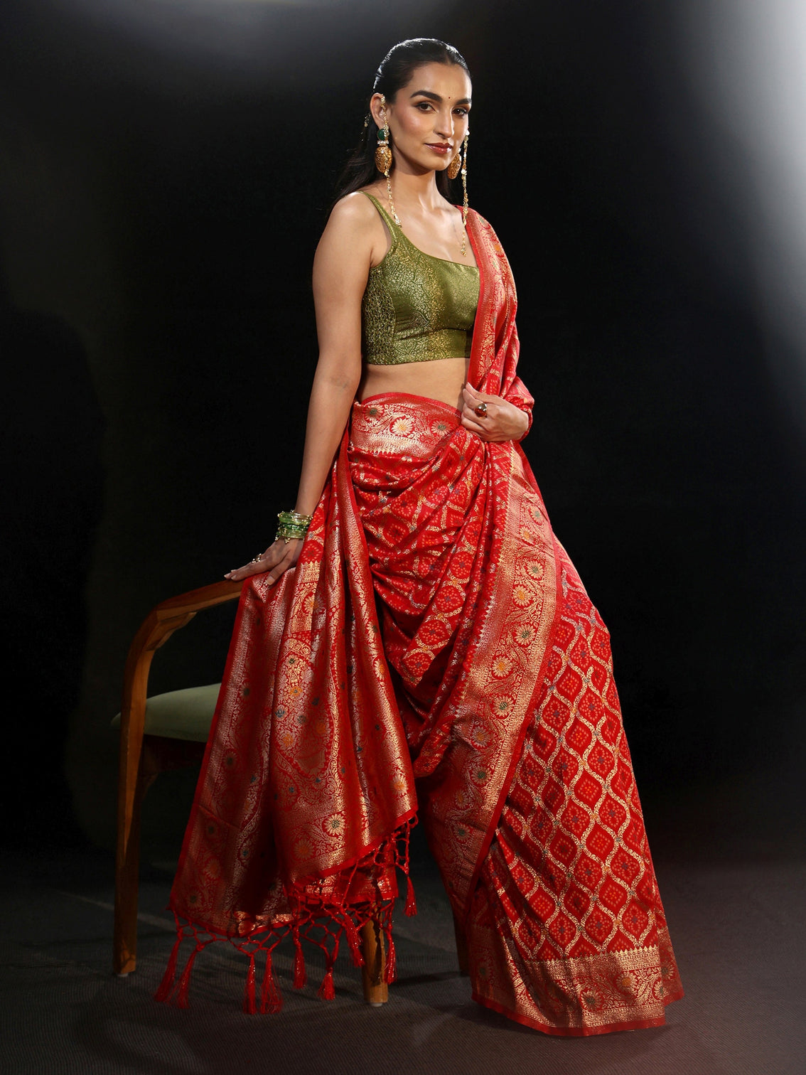 Mameraa Vermilion Red Gharchola Silk Blend Saree