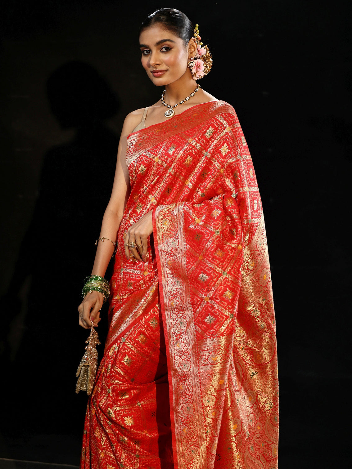 Mameraa Vermilion Red Gharchola Silk Blend Saree