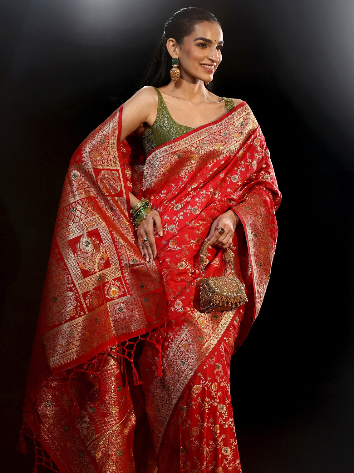Mameraa Vermilion Red Meenakari Banarasi Silk Blend Saree