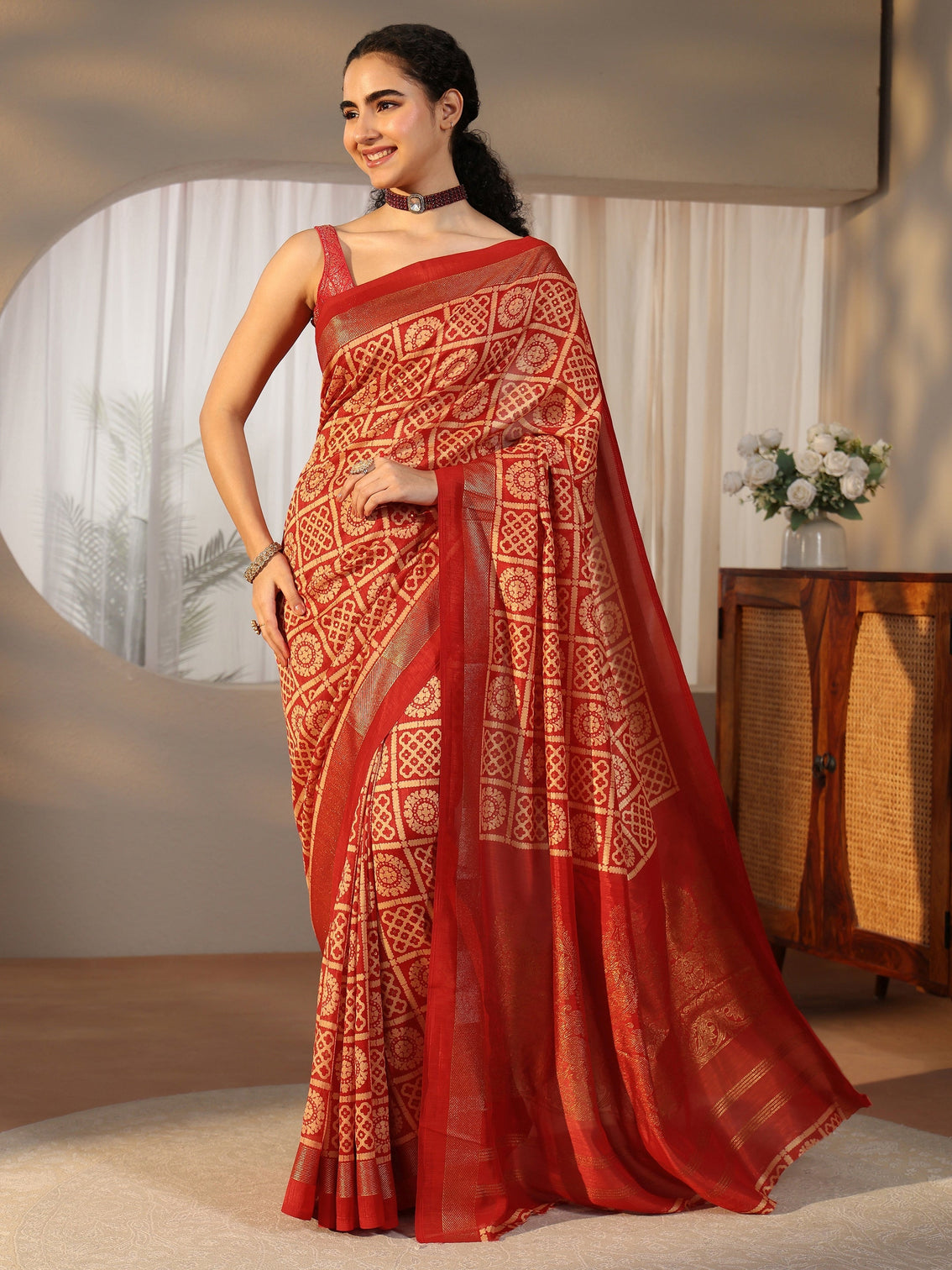 Mameraa Vermilion Red Printed Silk Blend Saree