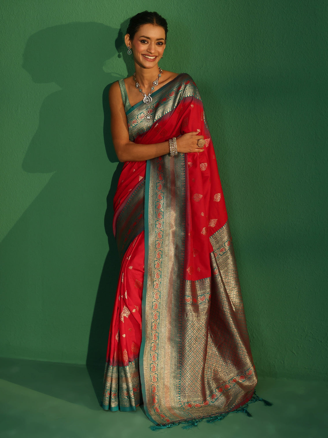 Mameraa Vermillion Red Banarasi Silk Blend Saree