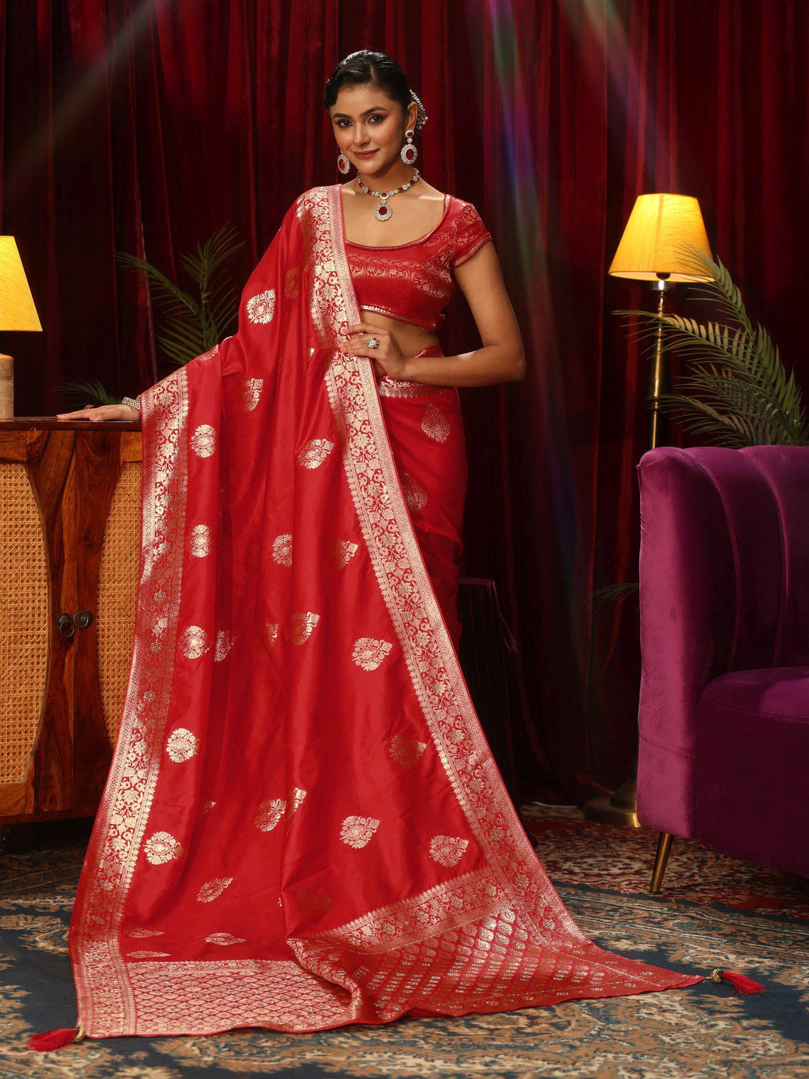 Mameraa Vermillion Red Woven Design Embellished Silk Blend Saree